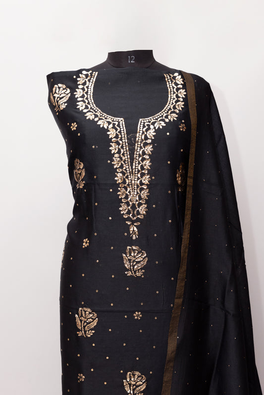 BLACK PURE CHANDERI SIKL SUIT AND DUPATTA ( HEAVY FANCY MUKESH)