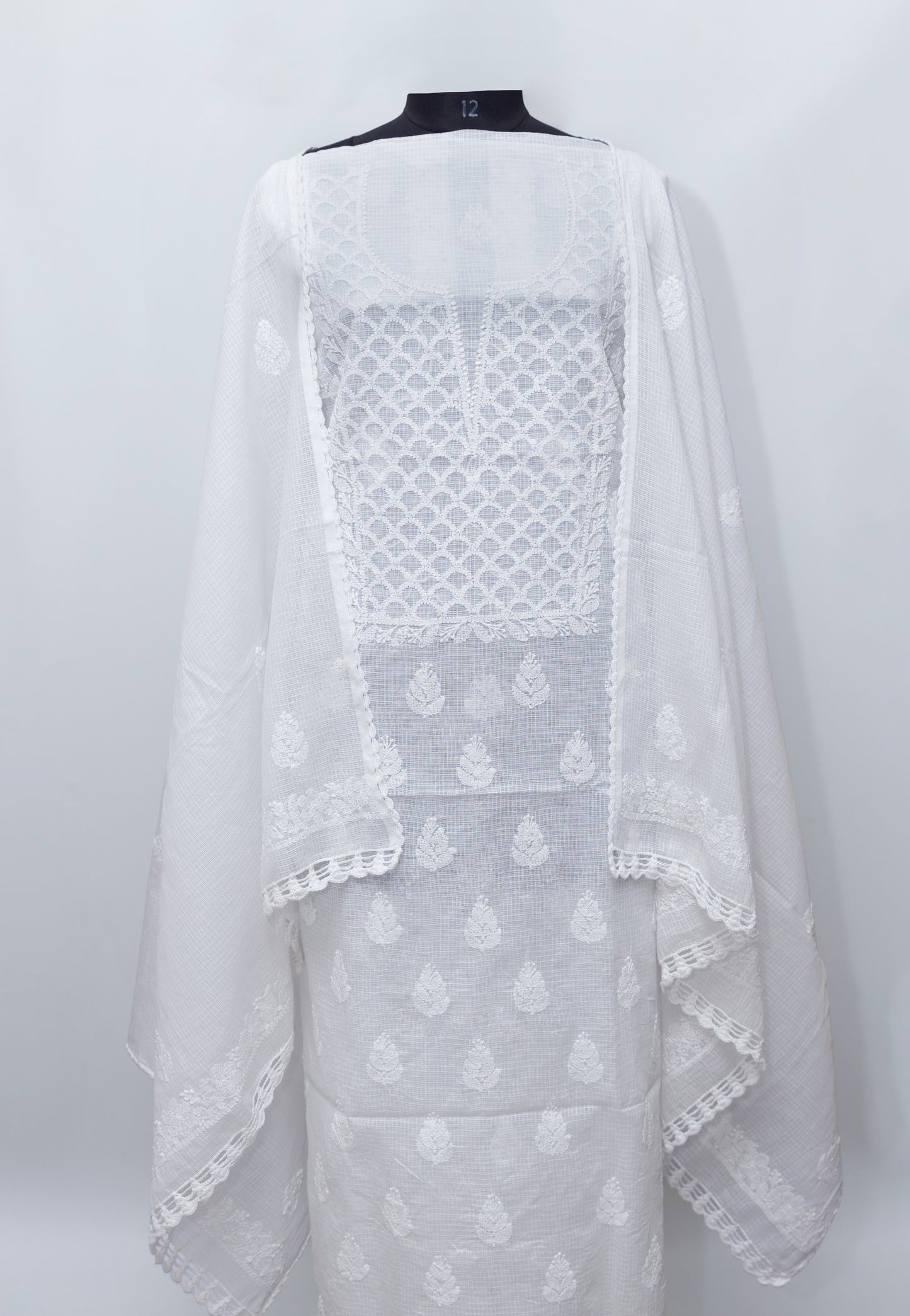 WHITE MAHI-JAAL SOFT KOTA DORIYA SUIT WITH KURASHIYA DUPATTA