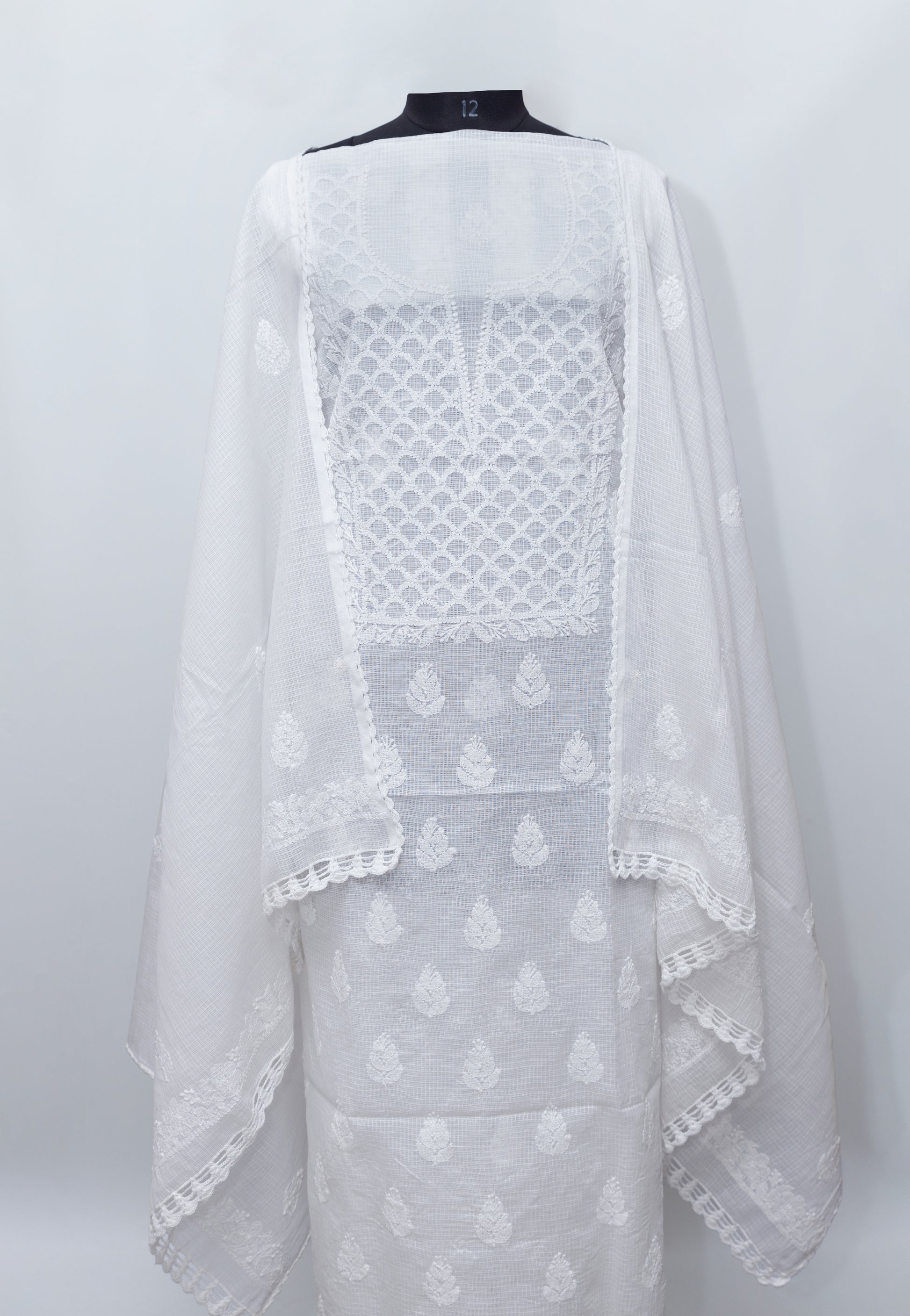 WHITE MAHI-JAAL SOFT KOTA DORIYA SUIT WITH KURASHIYA DUPATTA