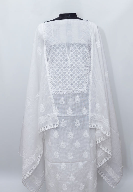 WHITE MAHI-JAAL SOFT KOTA DORIYA SUIT WITH KURASHIYA DUPATTA
