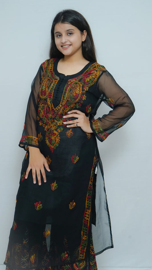 CHIKANKARI BLACK-MULTI GALABUTI SHARARA SET