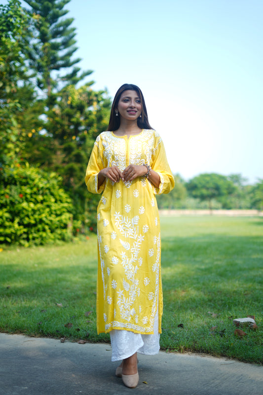 HIMANSHI YELLOW MODAL  CHIKANKARI KURTI