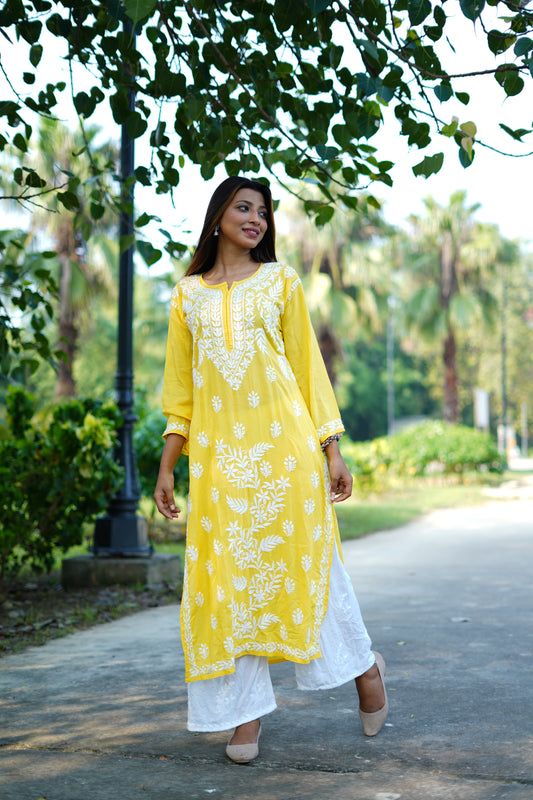 HIMANSHI YELLOW MODAL  CHIKANKARI KURTI