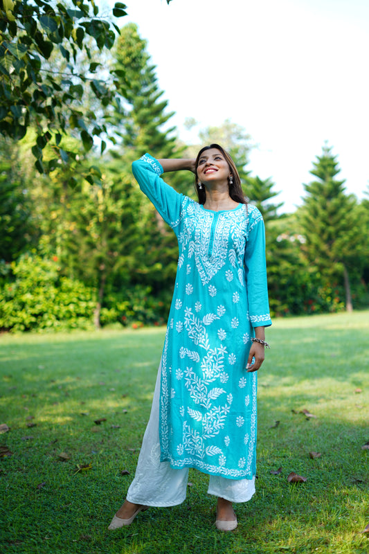 HIMANSHI BLUE MODAL CHIKANKARI KURTI