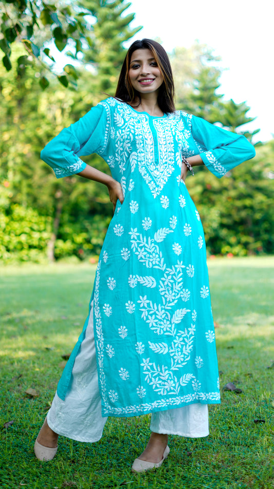 HIMANSHI BLUE MODAL CHIKANKARI KURTI