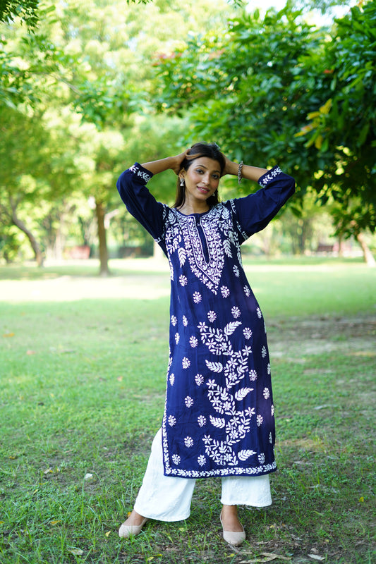 HIMANSHI ROYAL-BLUE MODAL CHIKANKARI KURTI