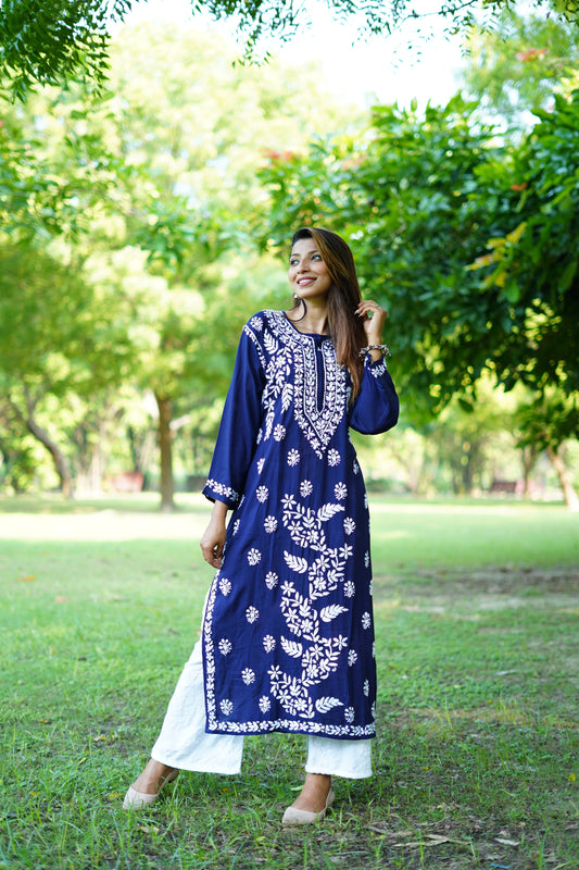 HIMANSHI ROYAL-BLUE MODAL CHIKANKARI KURTI