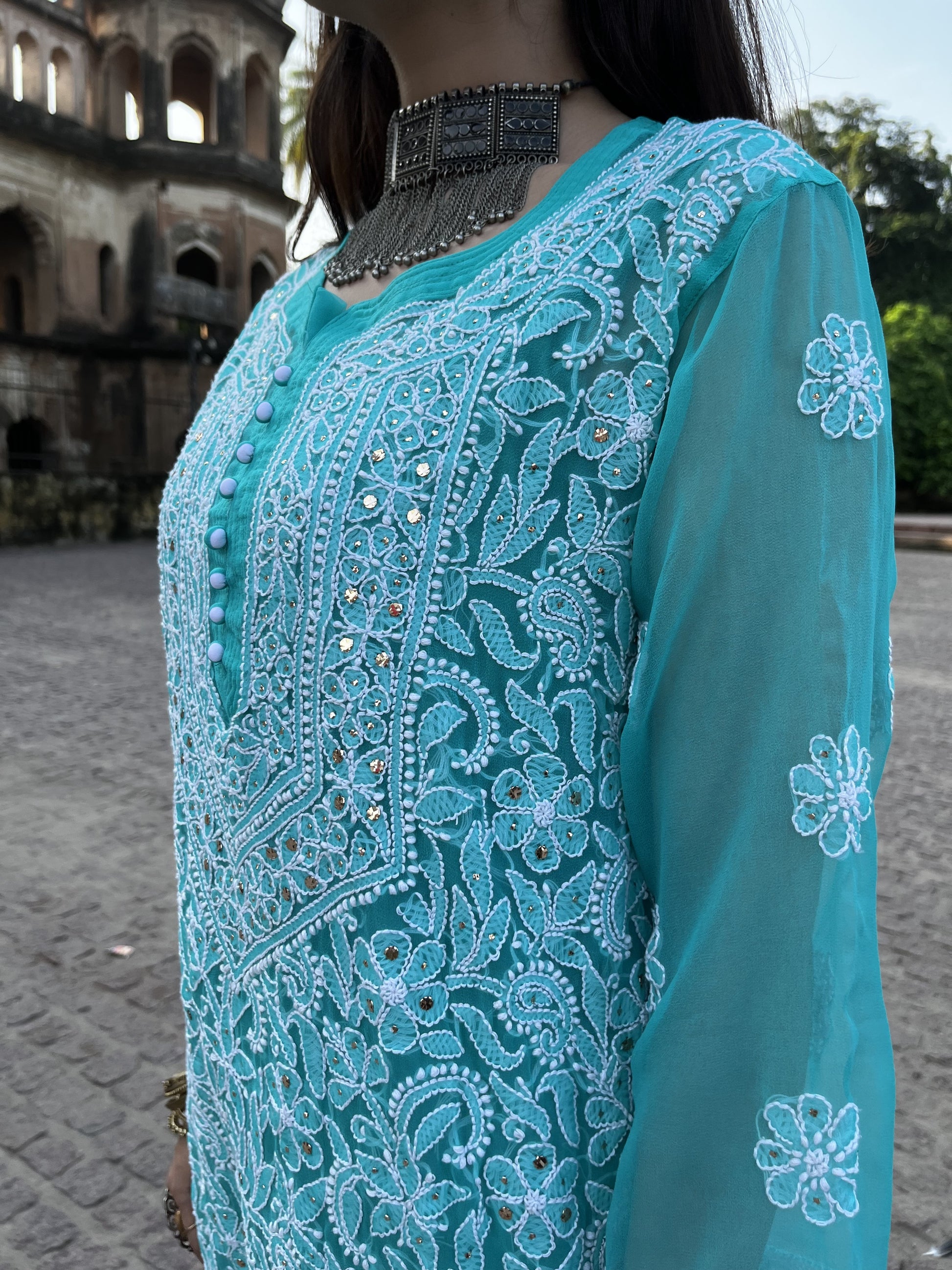 SKY BLUE GEORGETTE  FRONT JAAL KURTI